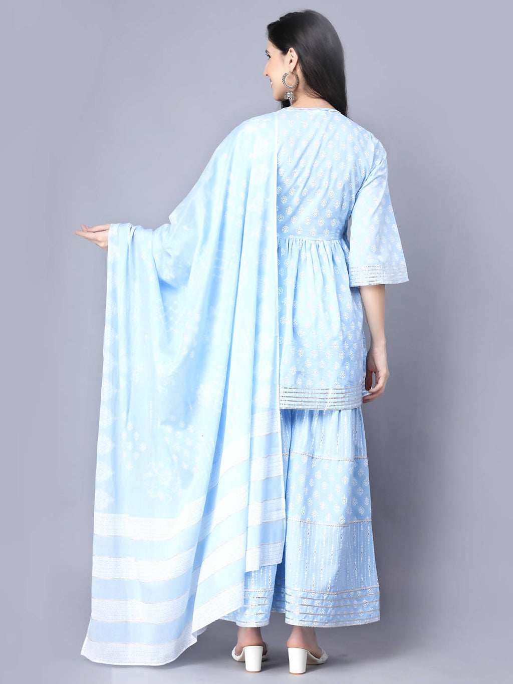 Myshka Cotton Printed 3/4 Sleeve V Neck Turquoise Blue Women Sharara Set