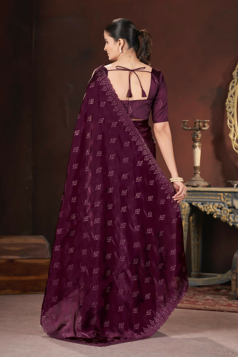 Vastranavya Wine Jimmy Choo Silk 3mm Sequence work with Cross Stitch Embroidery work & Cutwork Border Saree
