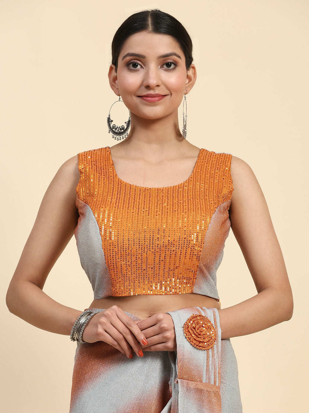 Orange Polyester Solid Ready to Wear Saree with stitched Blouse - Aayan
