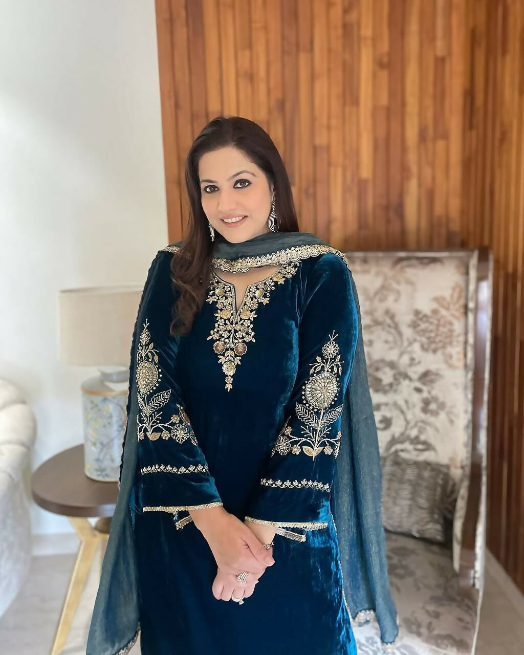 Vastranavya Teal Velvet Cording Sequence Embroidery Work Suit With Dupatta
