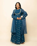 FIORRA Women's Teal Blue Georgette Anarkali Kurta With Dupatta