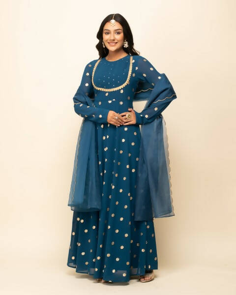 FIORRA Women's Teal Blue Georgette Anarkali Kurta With Dupatta