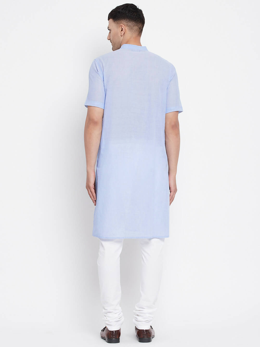 Even Apparels Blue Pure Cotton Men's H/S Kurta With Band Collar
