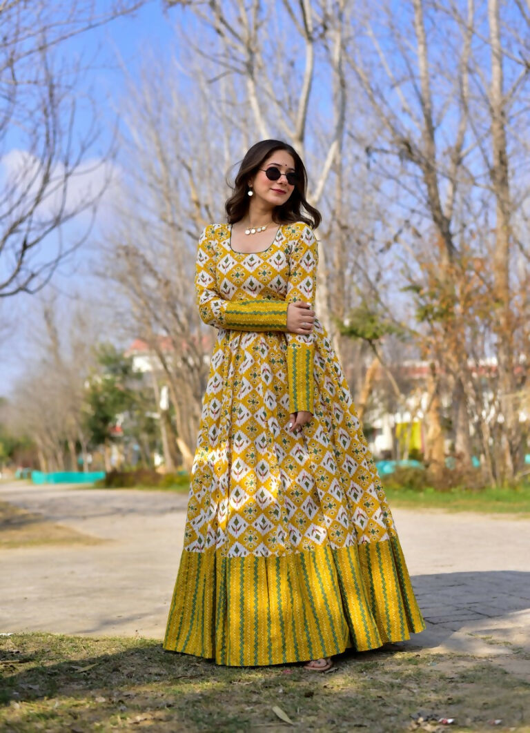 Jyoti Fashion Women's Mustard Heavy Digital Printed Cotton Silk Anarkali Dress