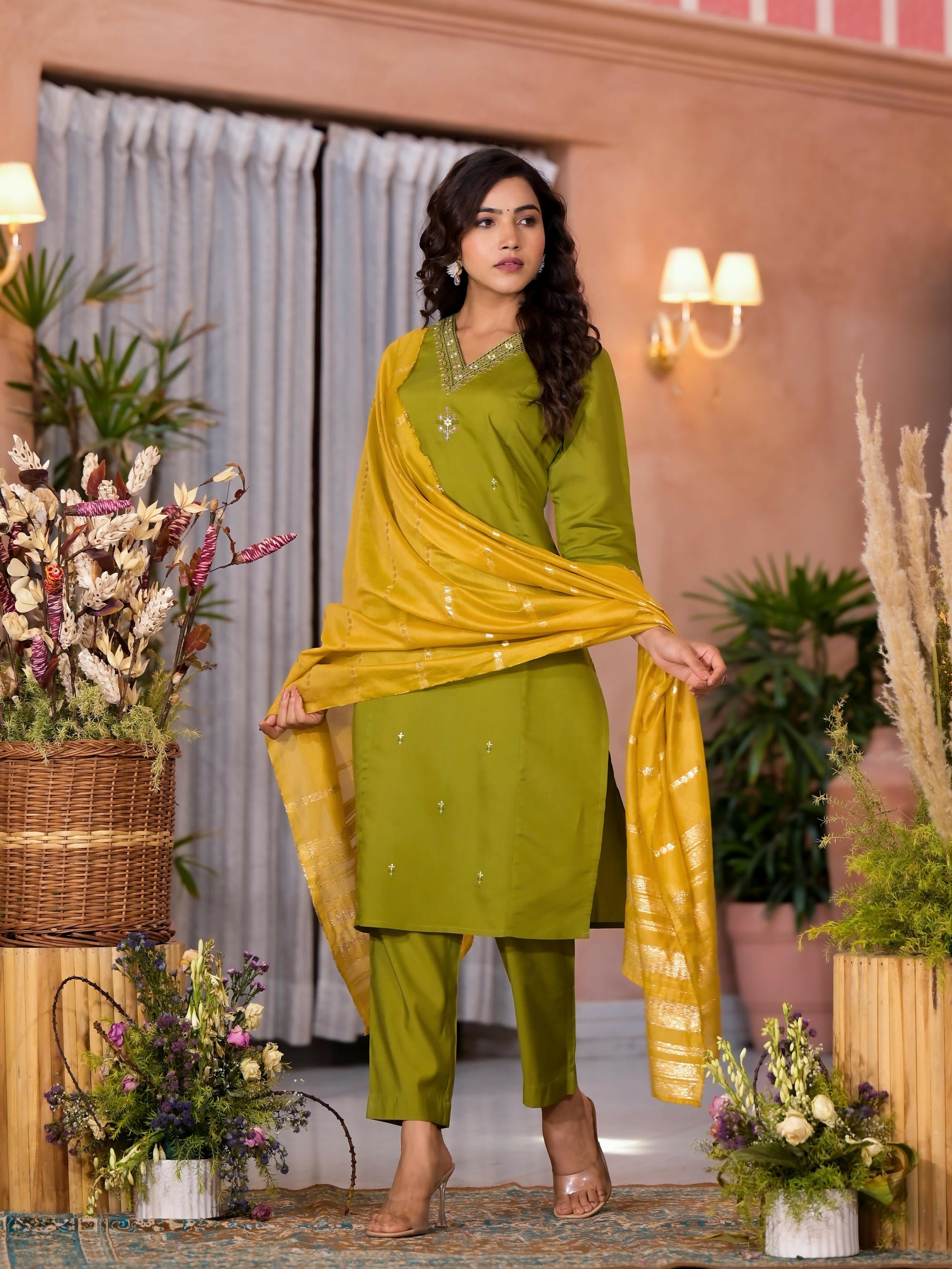 Juniper Women's Green Zari & Thread Work Embroidered Viscose Kurta Pant And Dupatta Set