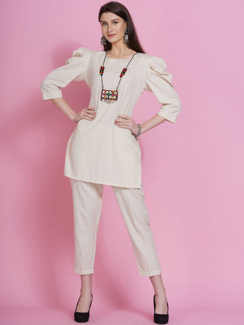 Women Republic Off White Cotton Flex Kurta With Attached Necklace And Pants
