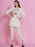 Women Republic Off White Cotton Flex Kurta With Attached Necklace And Pants