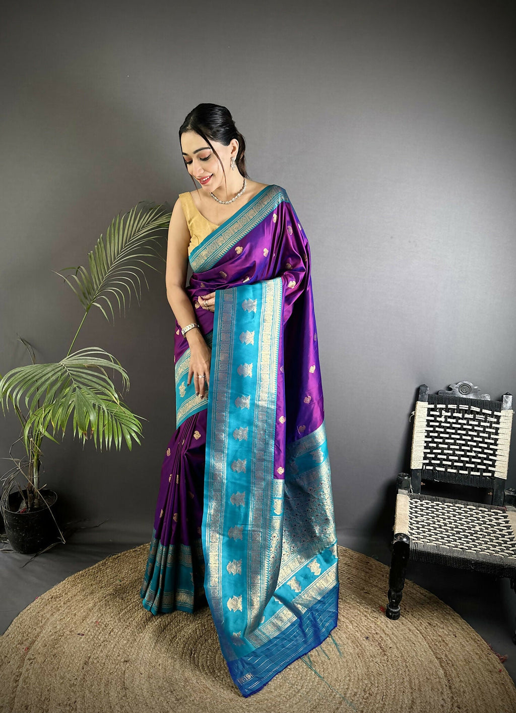 Joban Fashion Purple Banarasi Soft Silk Woven Butti Saree