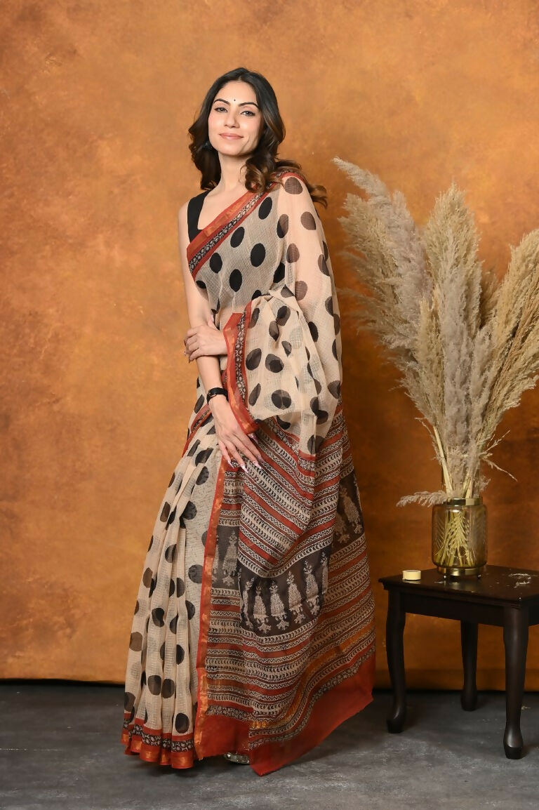 Very Much Indian Handblock Printed Cotton Saree With Natural Dyes - White