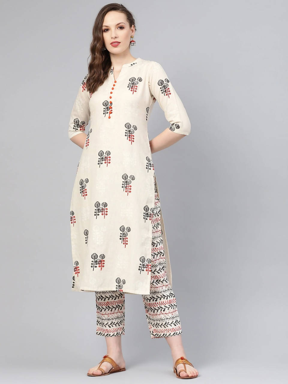 Vamika Printed Cotton Cream Party Wear/Casual Wear Kurta Set/Suit