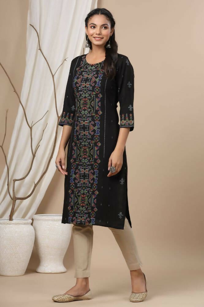 Juniper Women Black Rayon Flex Printed Straight Kurta