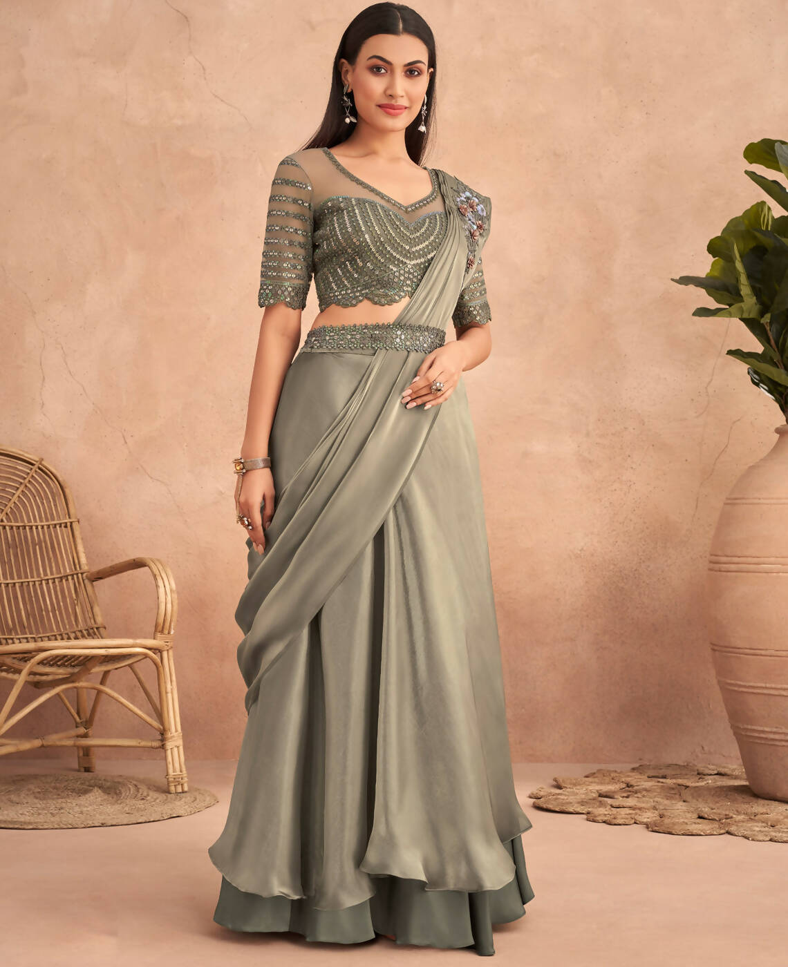 Green Satin Embroidered Ready To Wear Saree With Unstitched Blouse Piece - Nandika