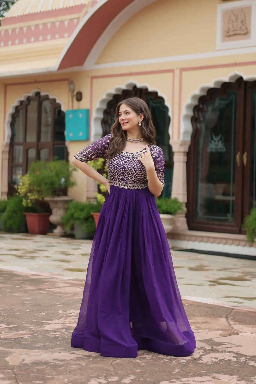 Vastranavya Faux Blooming with Embroidery Zari Sequins-work Gown - Purple