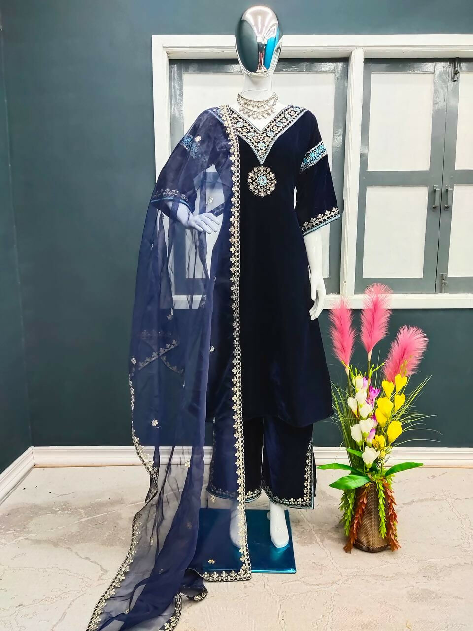 Teeya Creation Blue Color Velvet Designer Embroidery Work party Wear Suit