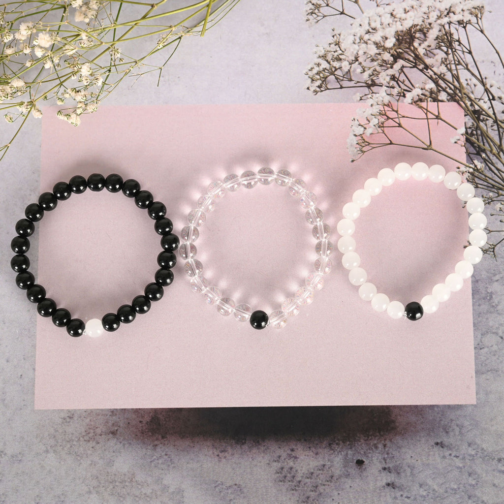 NVR Men & Women Transparent & White & Black Marbel Crystal Elasticated Bracelet