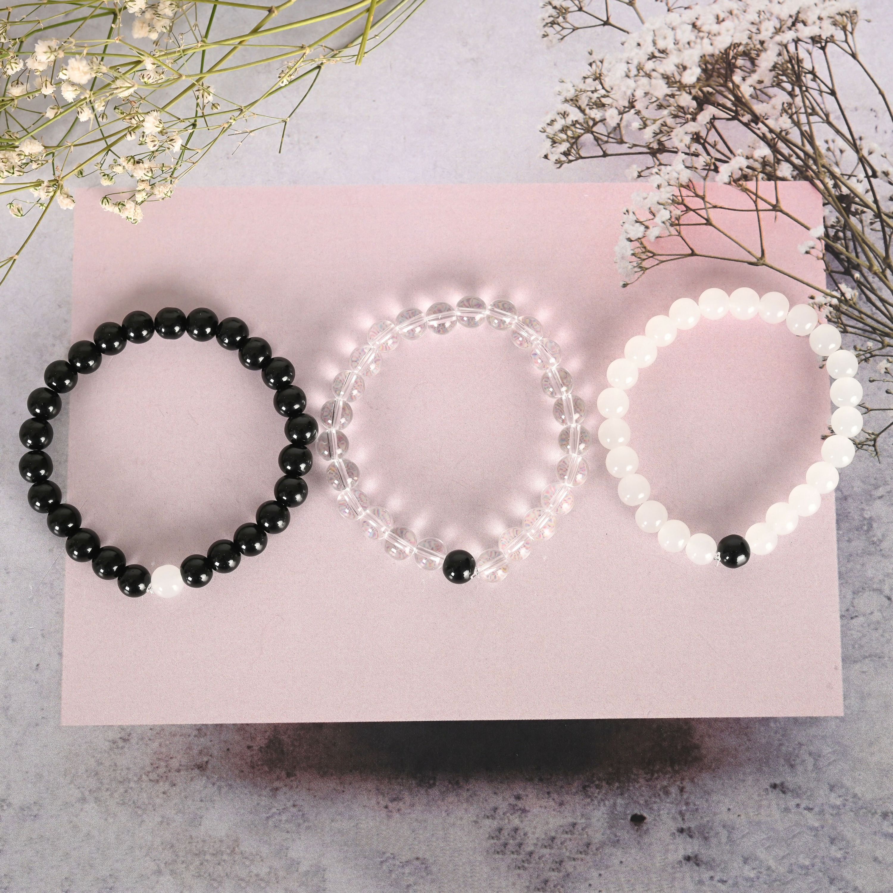 NVR Men & Women Transparent & White & Black Marbel Crystal Elasticated Bracelet
