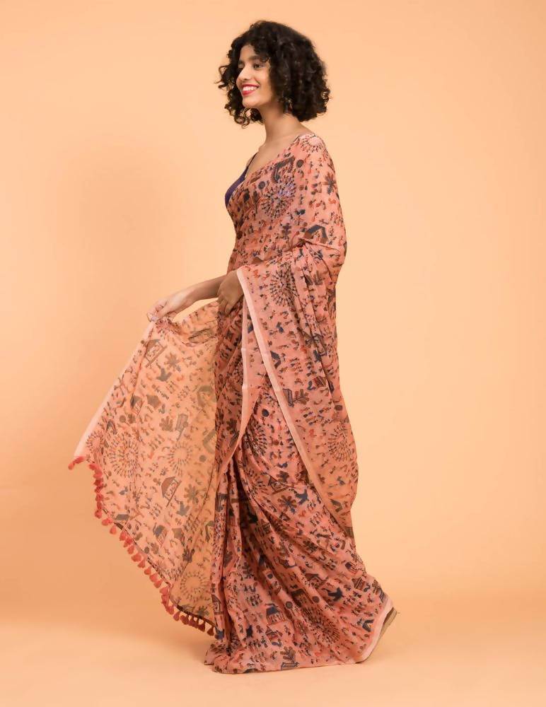 Suta Peach Blue Warli Printed Pure Cotton Saree