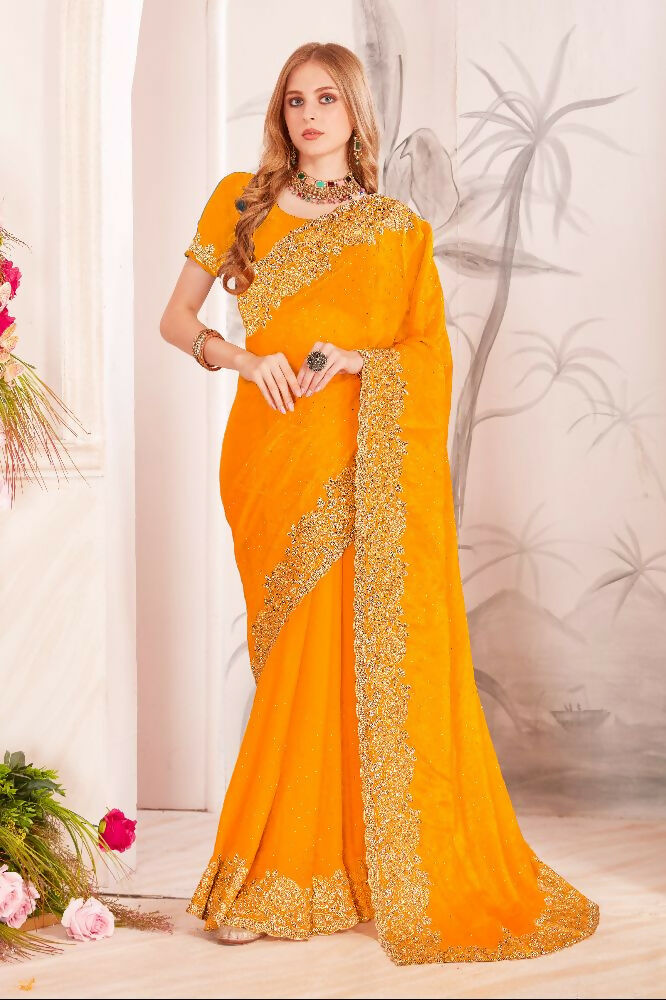 PR Fashion Mustard Fendi Two Tone Silk Heavy Zari & Resham Embroidery Work With Heavy Zircon Work Saree