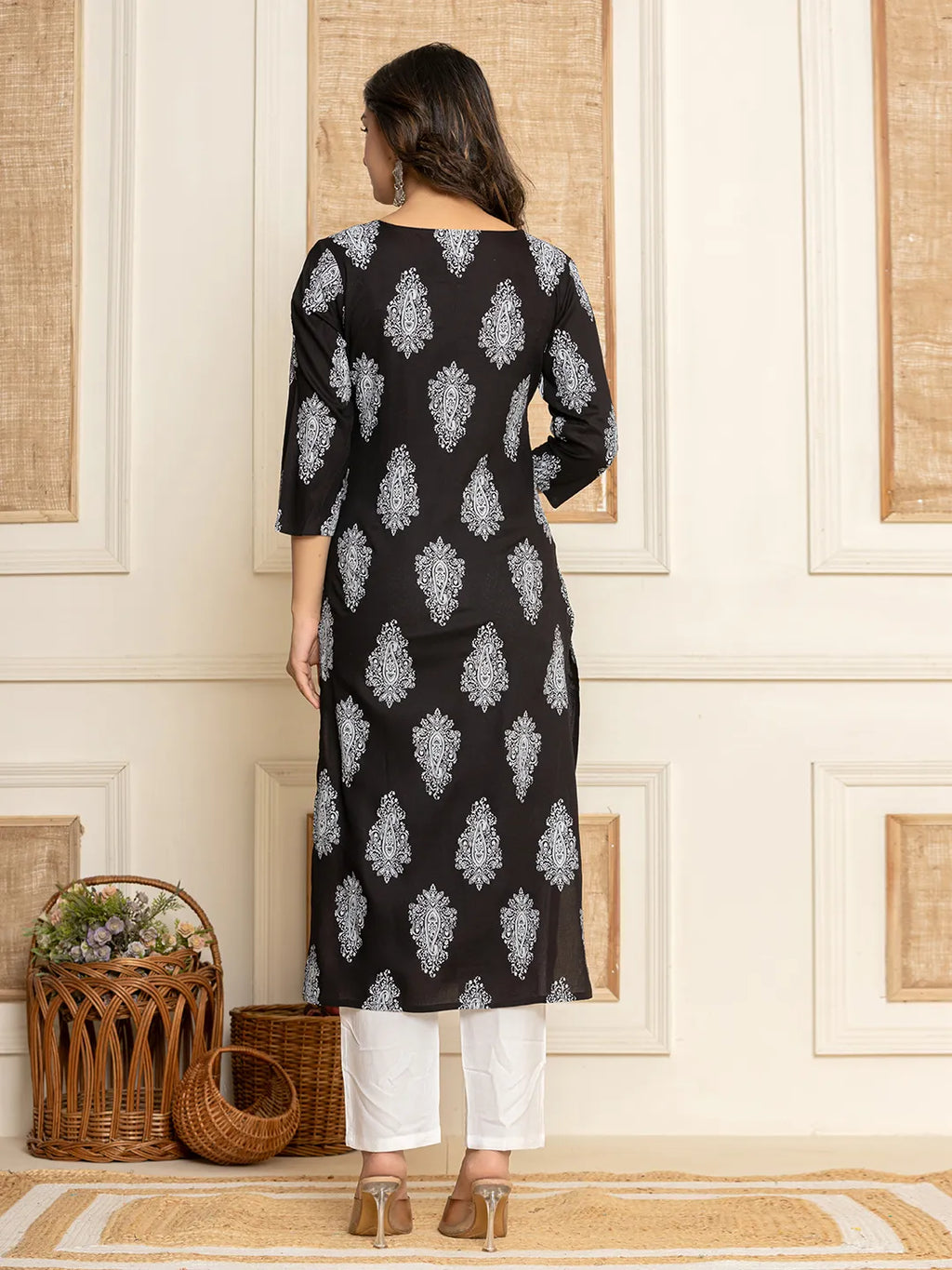Yufta Women Black Paisley Print Rayon Kurta With Hand Block Print Palazzo & Dupatta