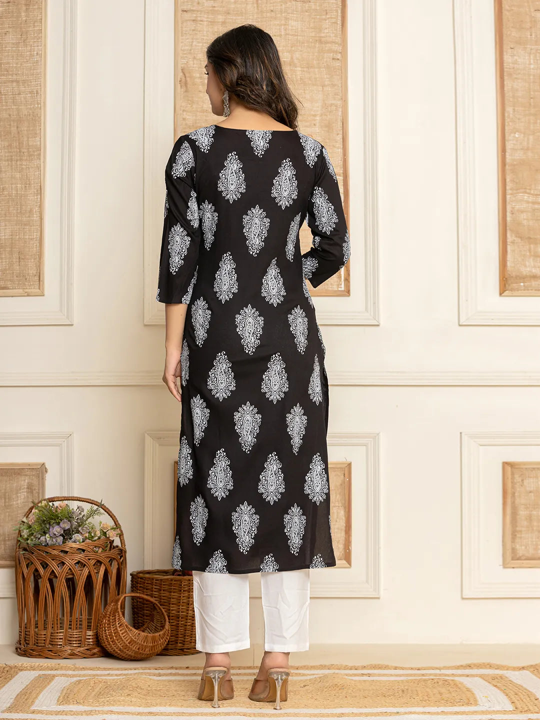 Yufta Women Black Paisley Print Rayon Kurta With Hand Block Print Palazzo & Dupatta
