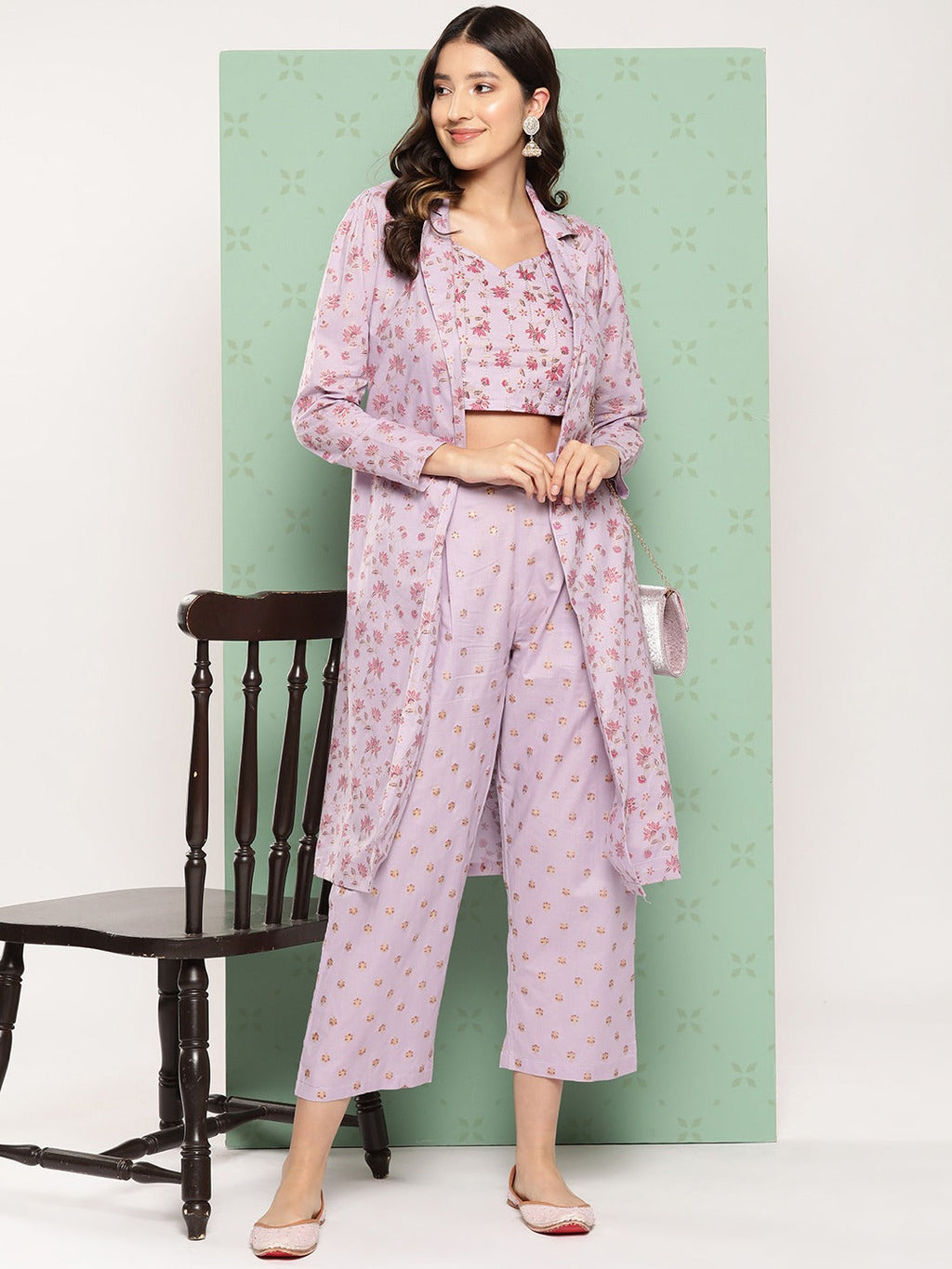 Yufta Women Printed Cotton Top with Trousers with Shrug