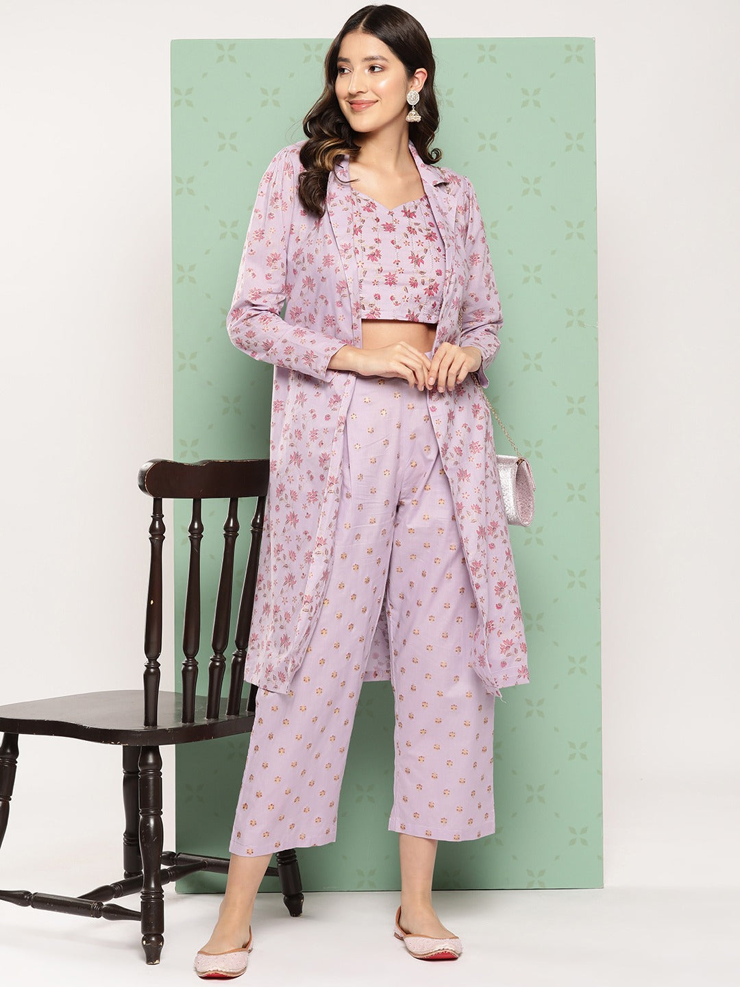 Yufta Women Printed Cotton Top with Trousers with Shrug