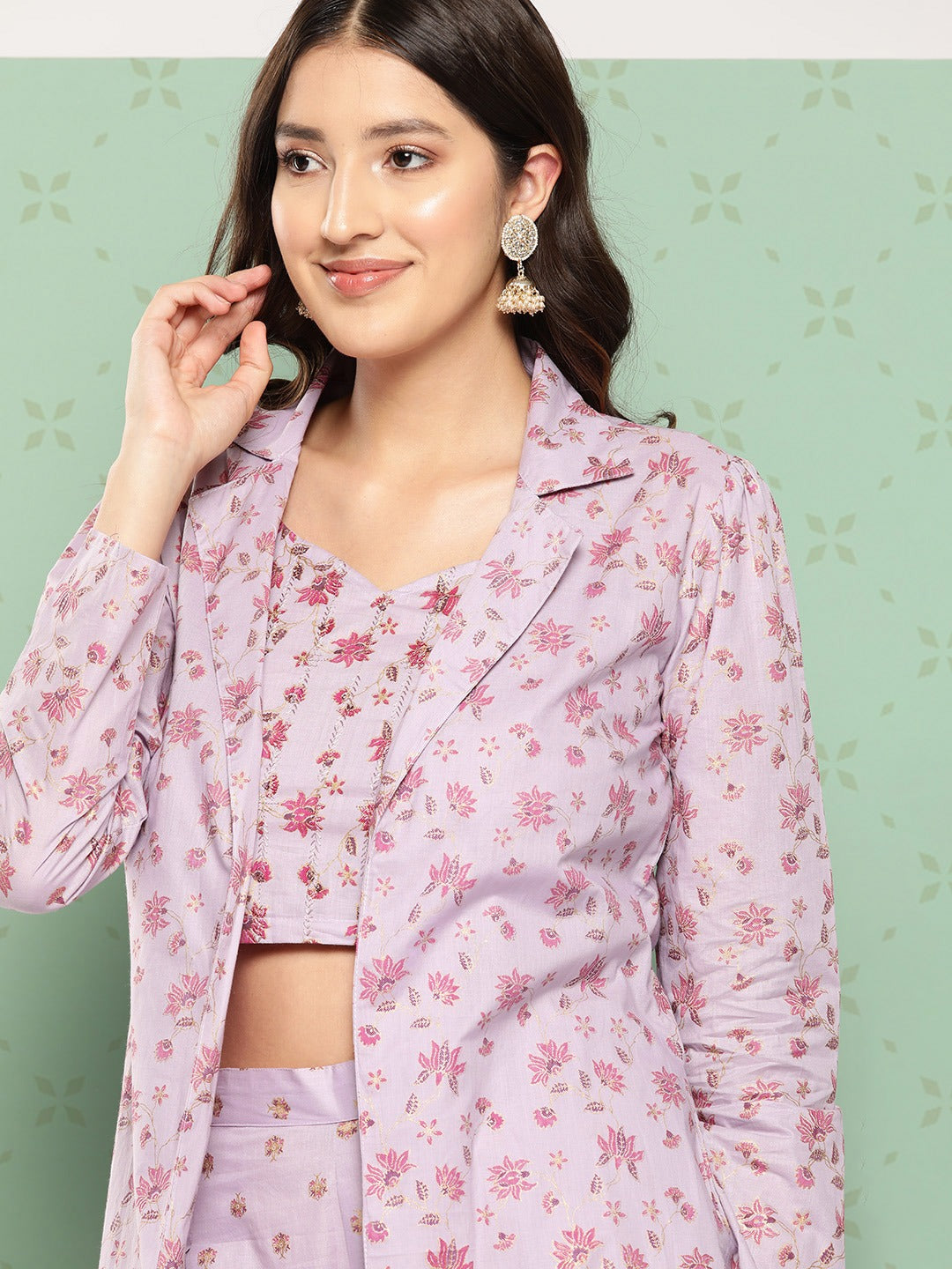 Yufta Women Printed Cotton Top with Trousers with Shrug