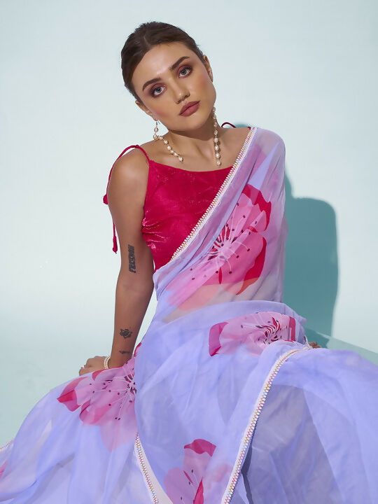 Sky Blue Organza Designer Printed Saree - Shezlin