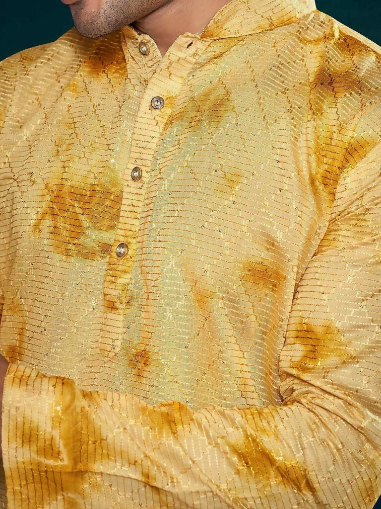 Yellow Viscose Designer Sequance Embroidery Work Men's Kurta Set - Mahotsav