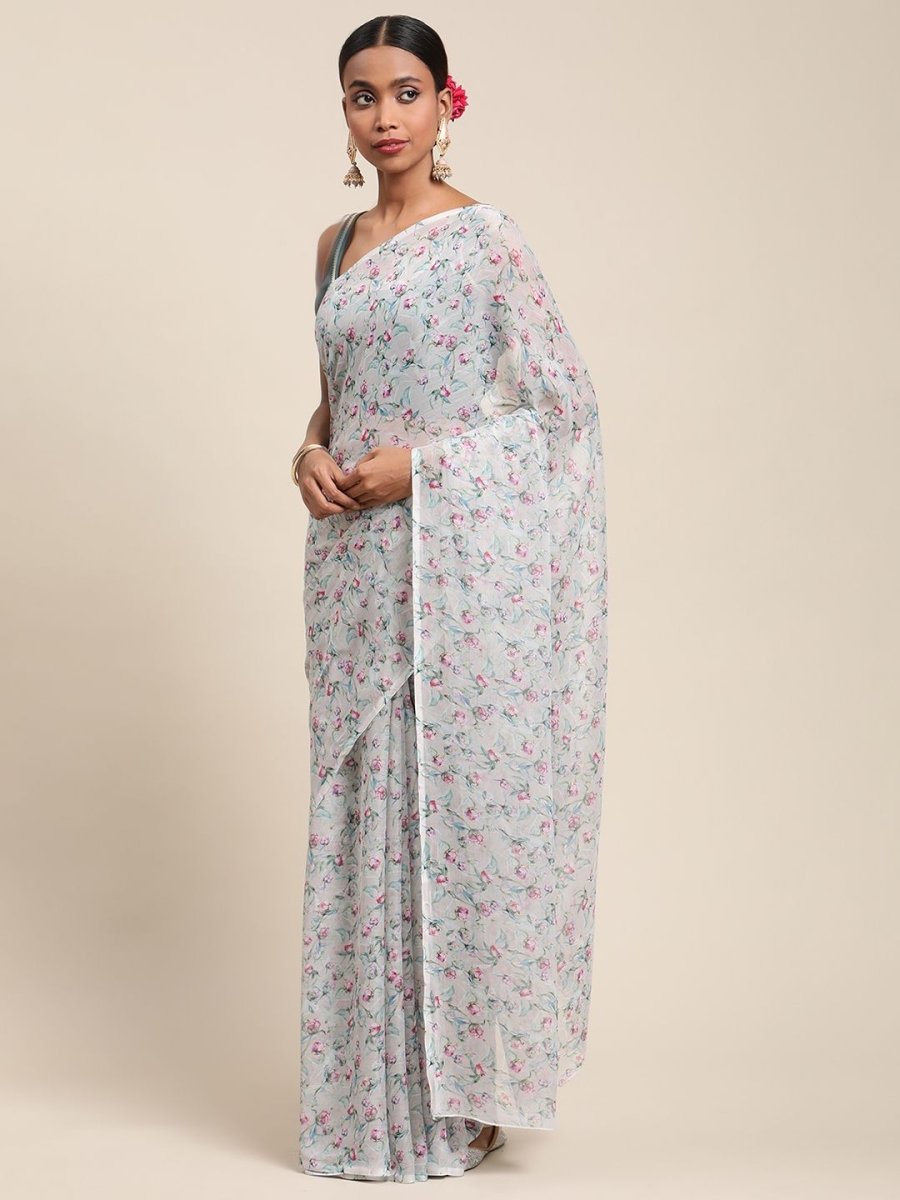 Ahalyaa Women's Grey Chiffon Digital Print Floral Saree