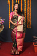 Jyoti Fashion Women's Black Kanjivaram Silk Zari Woven Saree with Blouse
