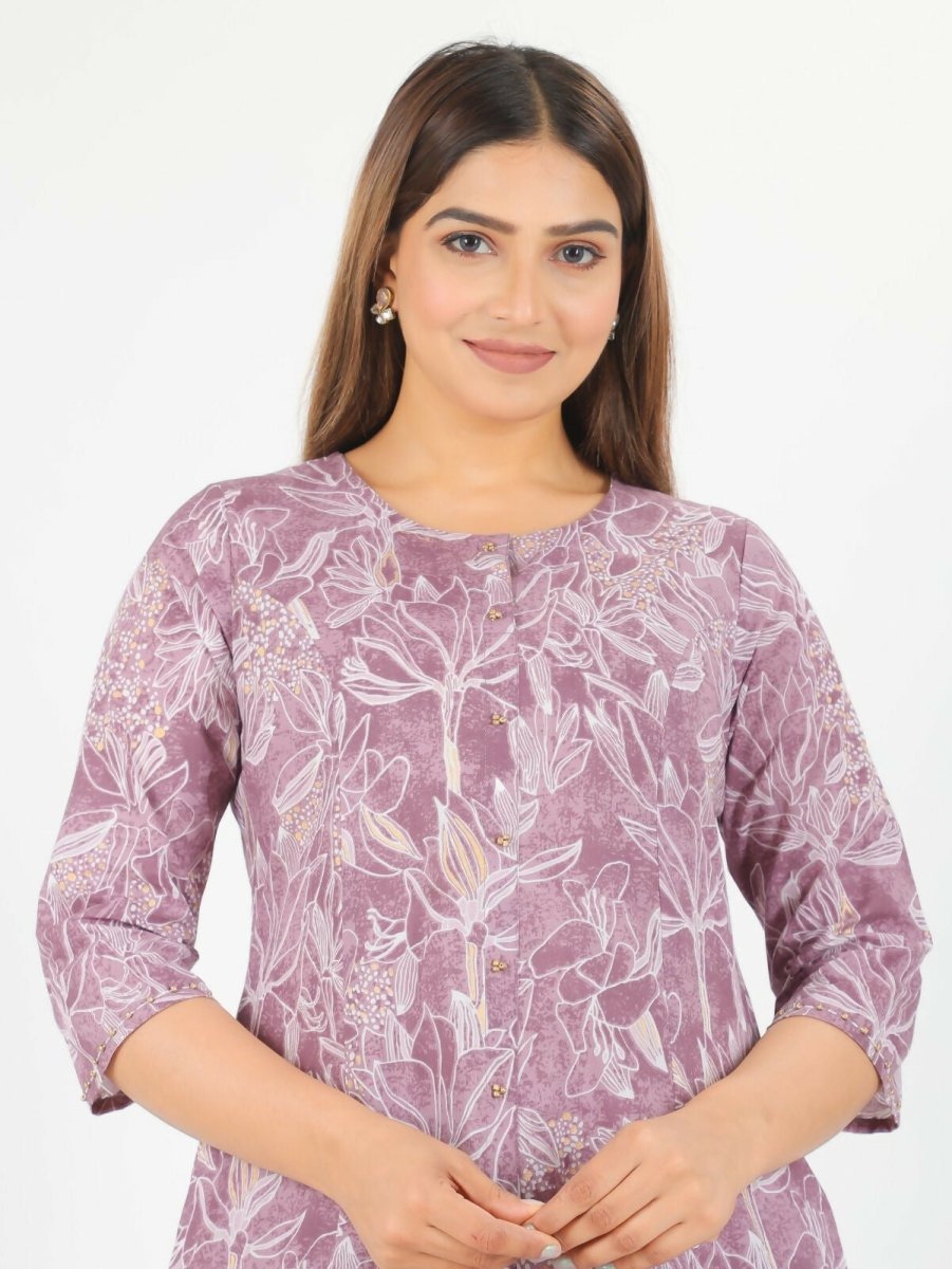 Aramya Purple Soft Cotton Gold Foil A-line Kurta for Women