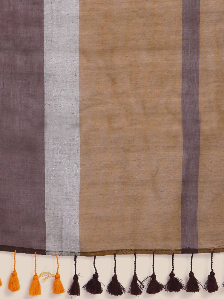 Suta Brown Yellow Colourblocked Mul Saree