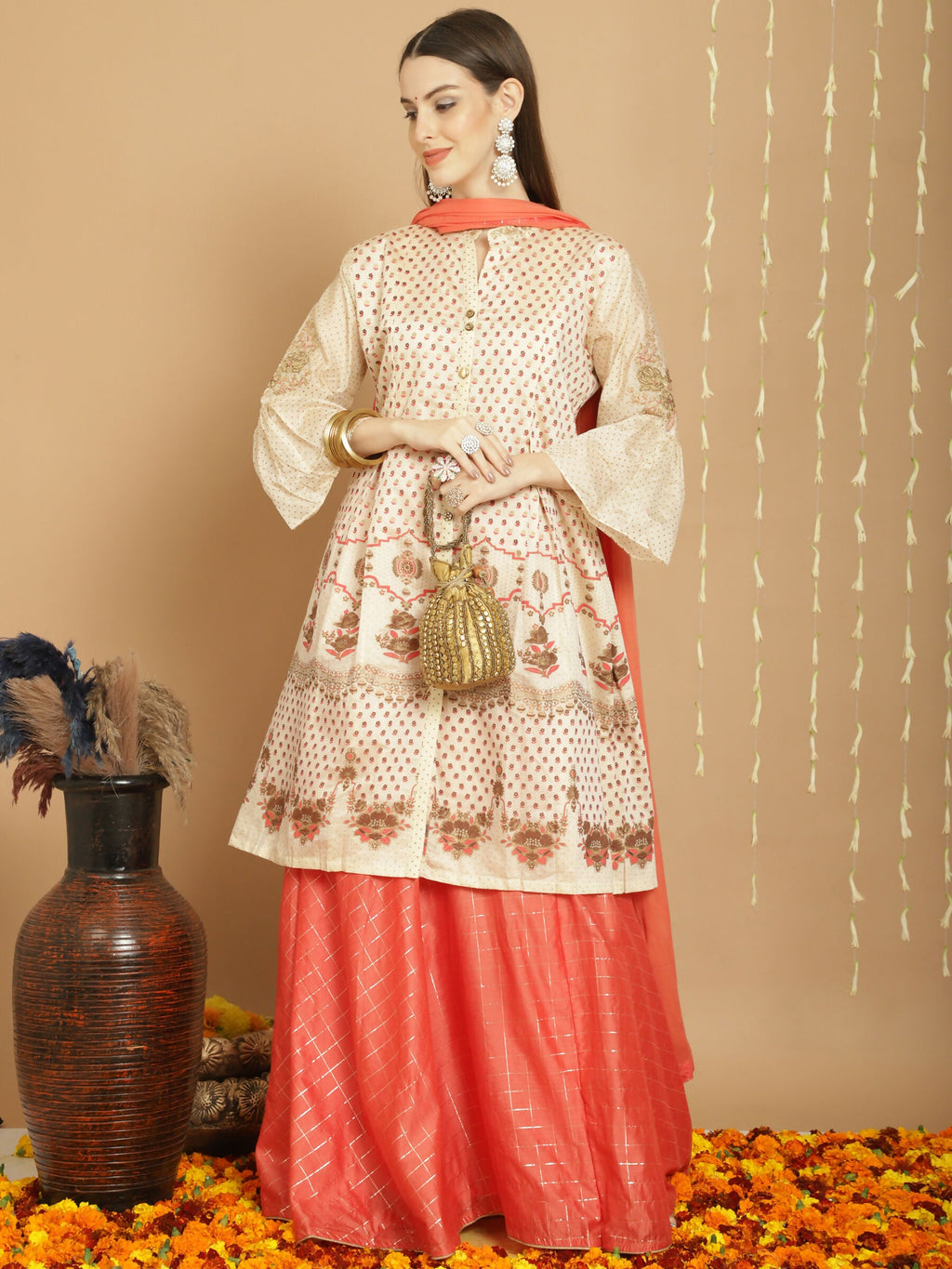Jyoti Fashion Women's Cream Chanderi Silk Elegant Jardoshi Semi Kurta with Trouser & Dupatta