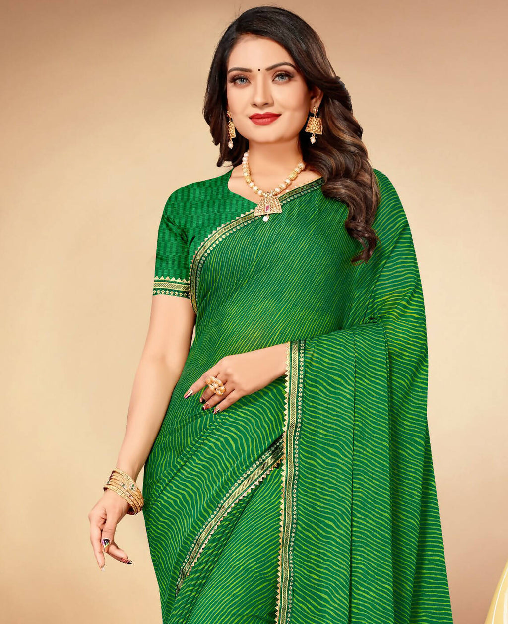 Green Chiffon Leheriya Printed Saree With Unstitched Blouse Piece - Swarna