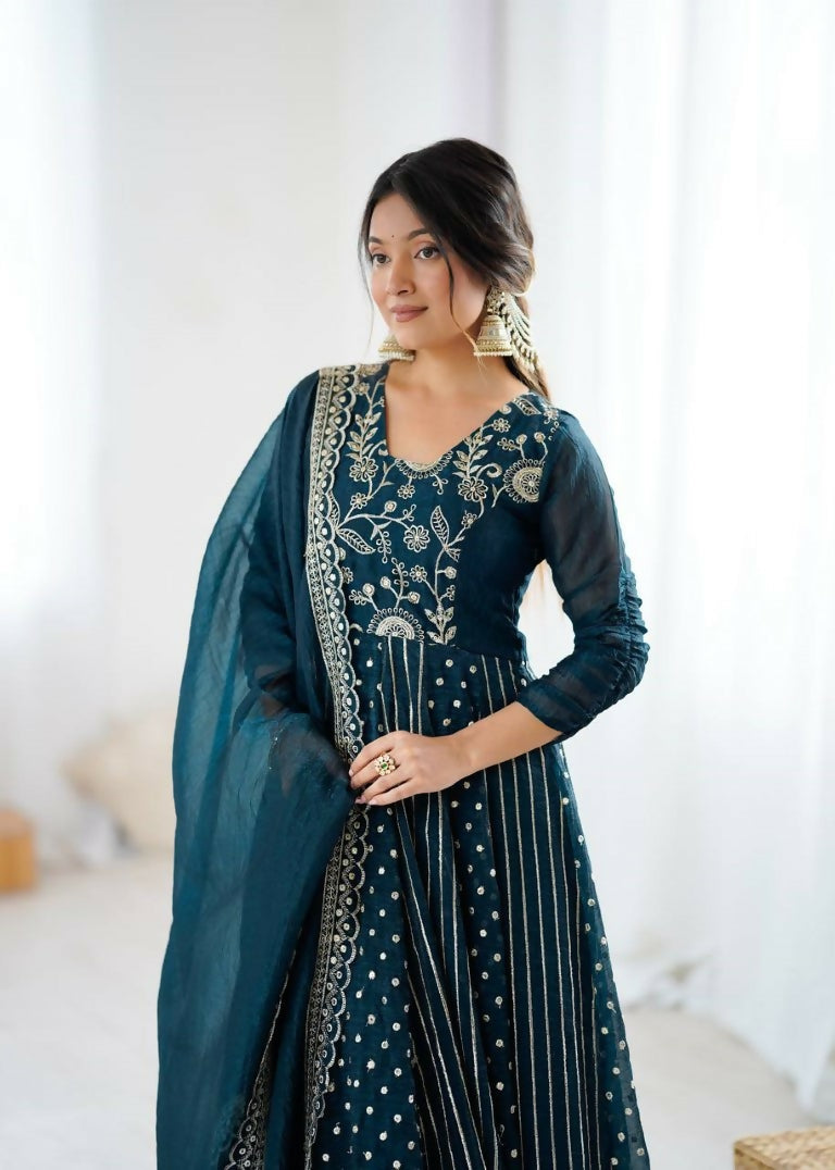 Teeya Creation Teal Color Heavy Crunchy Silk Embroidery Work Gown