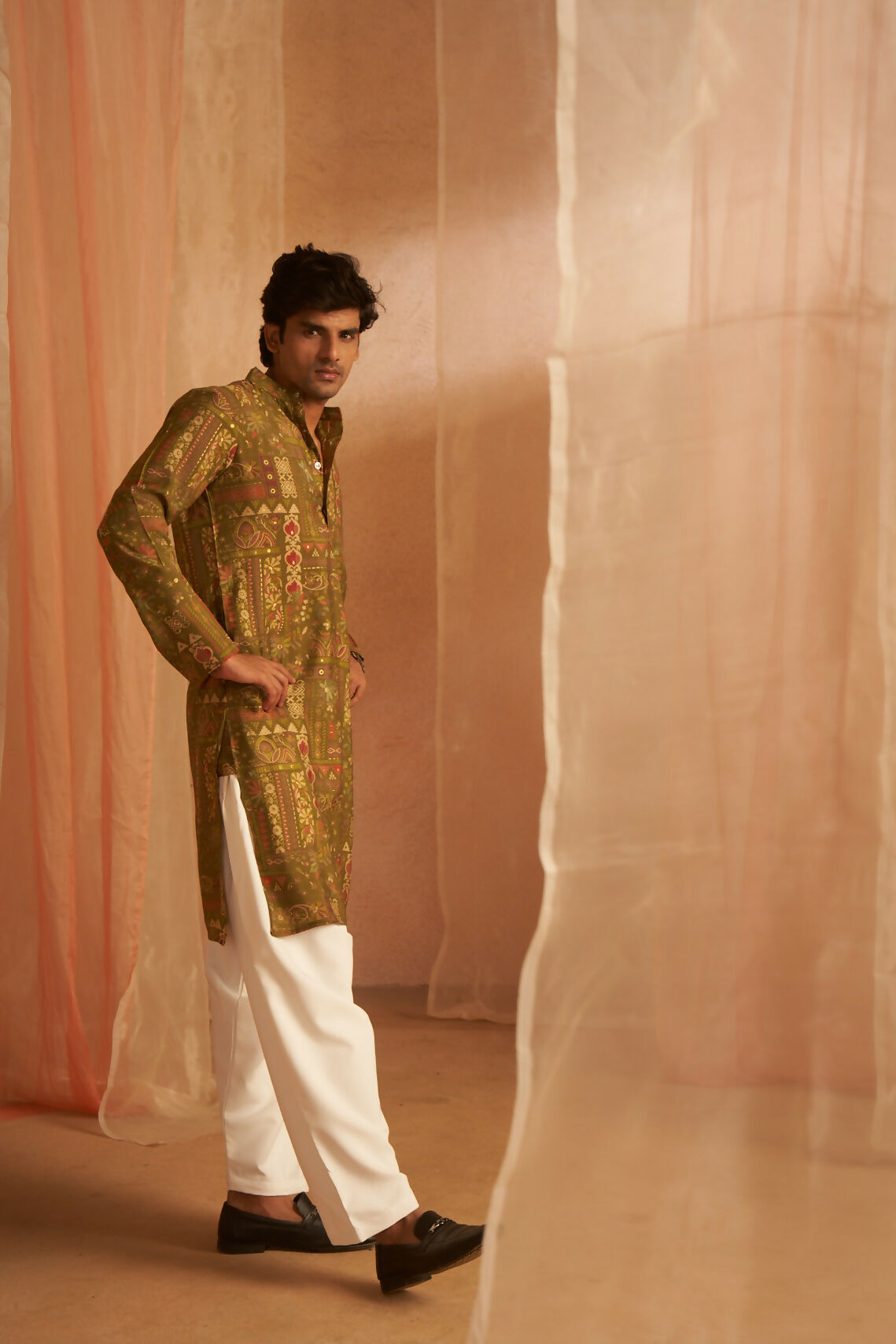 Green Modal Silk Designer Printed Men's Kurta Set - Mahotsav