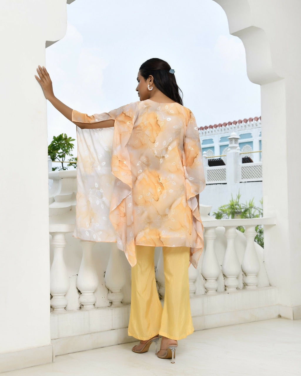 Vaasva Women's Lemon Georgette Marble Print Kaftan Pant Set