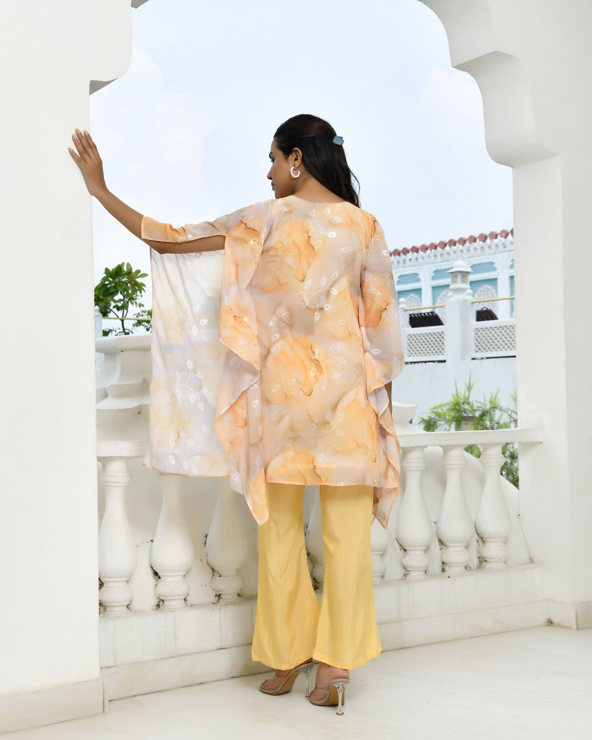 Vaasva Women's Lemon Georgette Marble Print Kaftan Pant Set