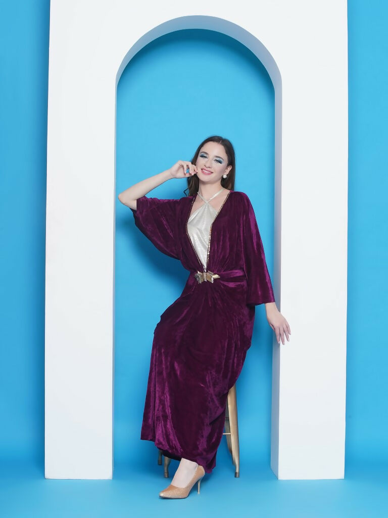 Joban Fashion Wine Velvet Gown With Silver Halter Neck Ineer