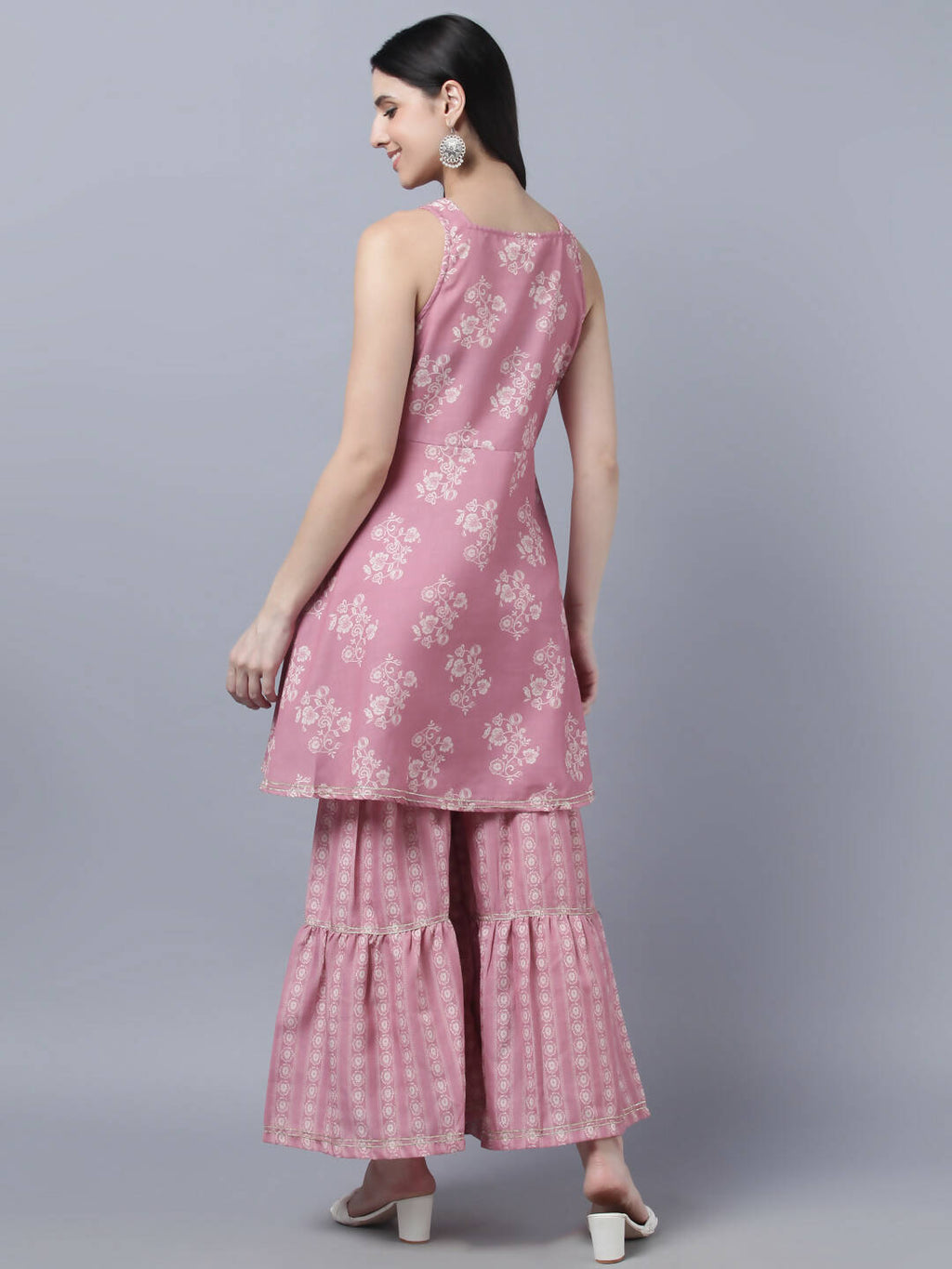 Myshka Women Peach-Coloured White Floral Printed Kurta with Sharara With Dupatta Set