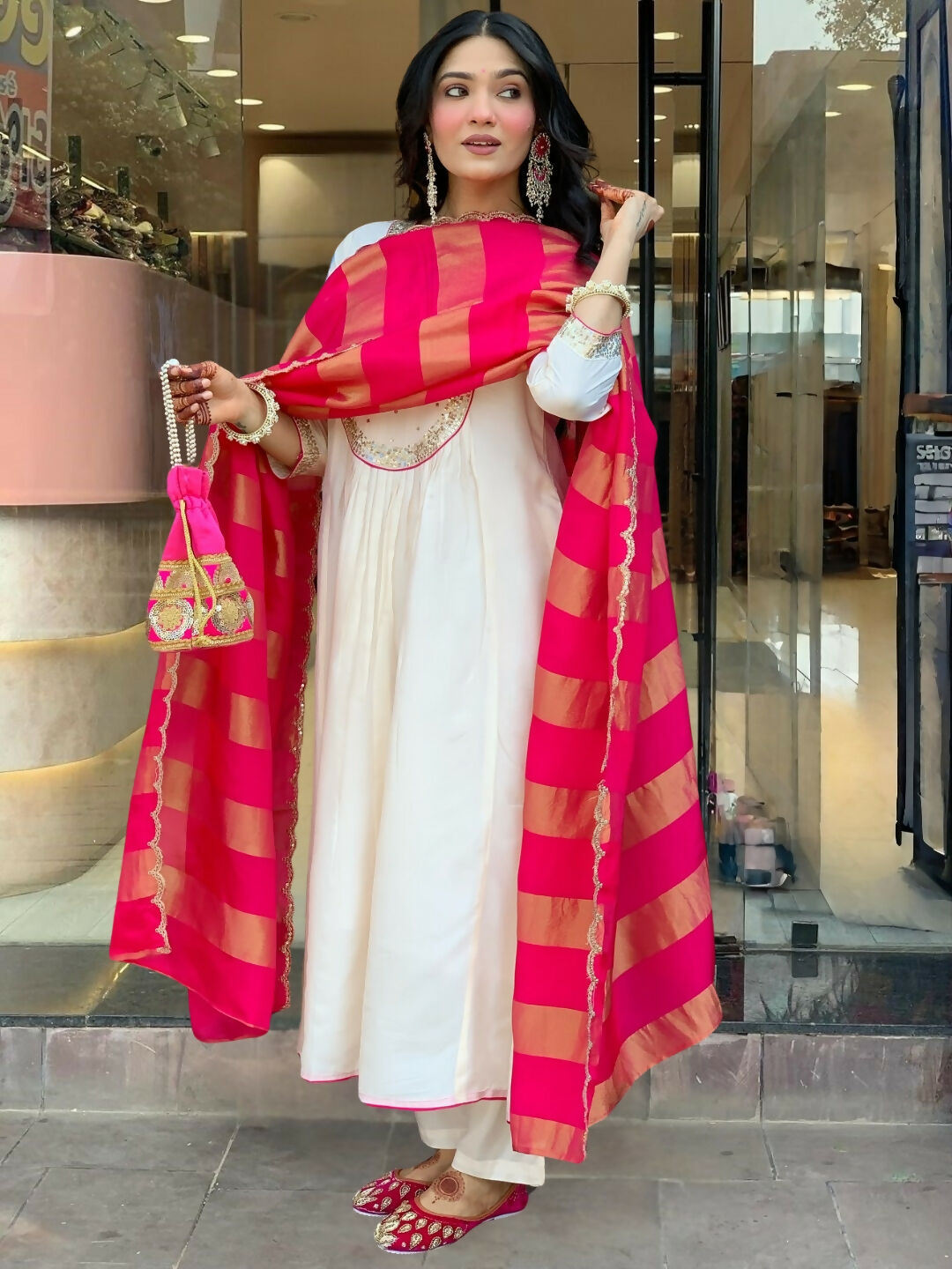 The52 White Women's Gorgeous Embroidered Work Chanderi Fabric Flared Kurta Pant and Dupatta Set