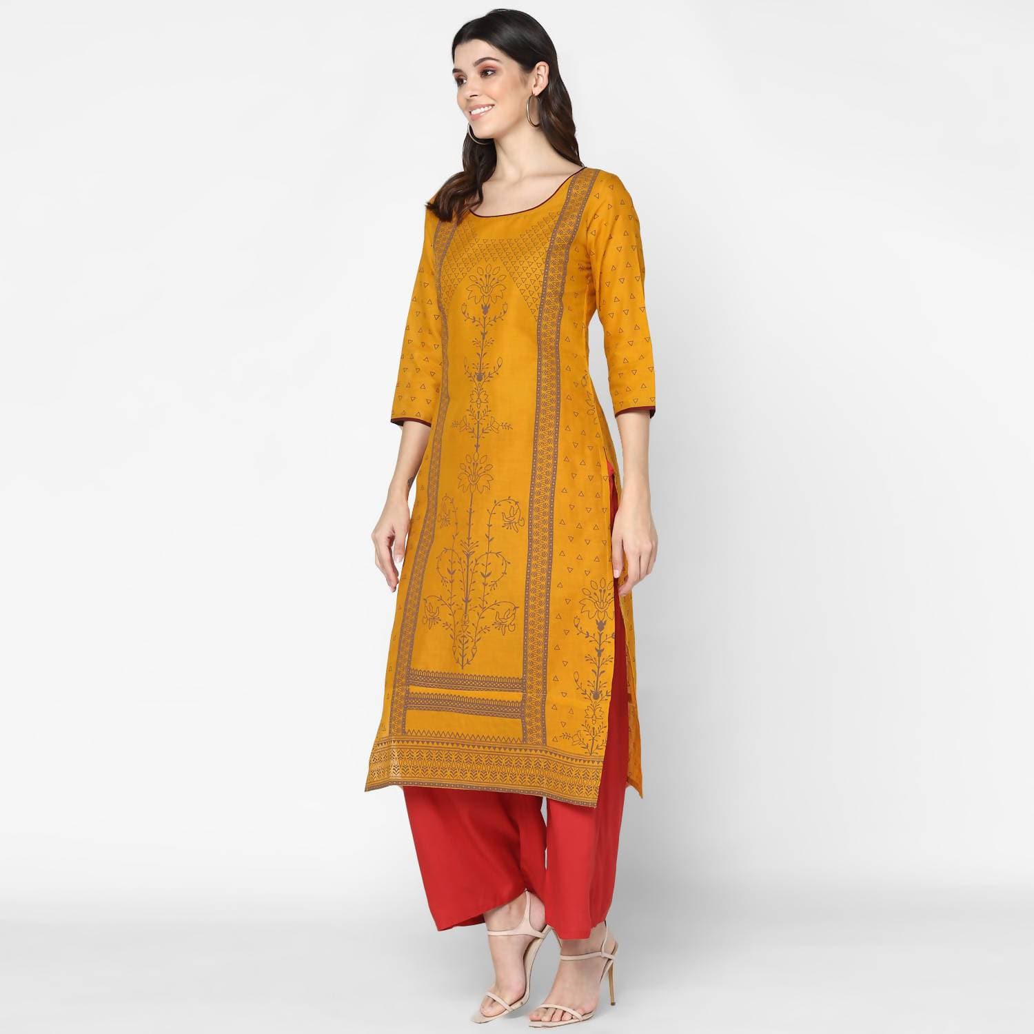 Cheera Hand Block Print Mustard Straight Kurta (MAAI-045K)
