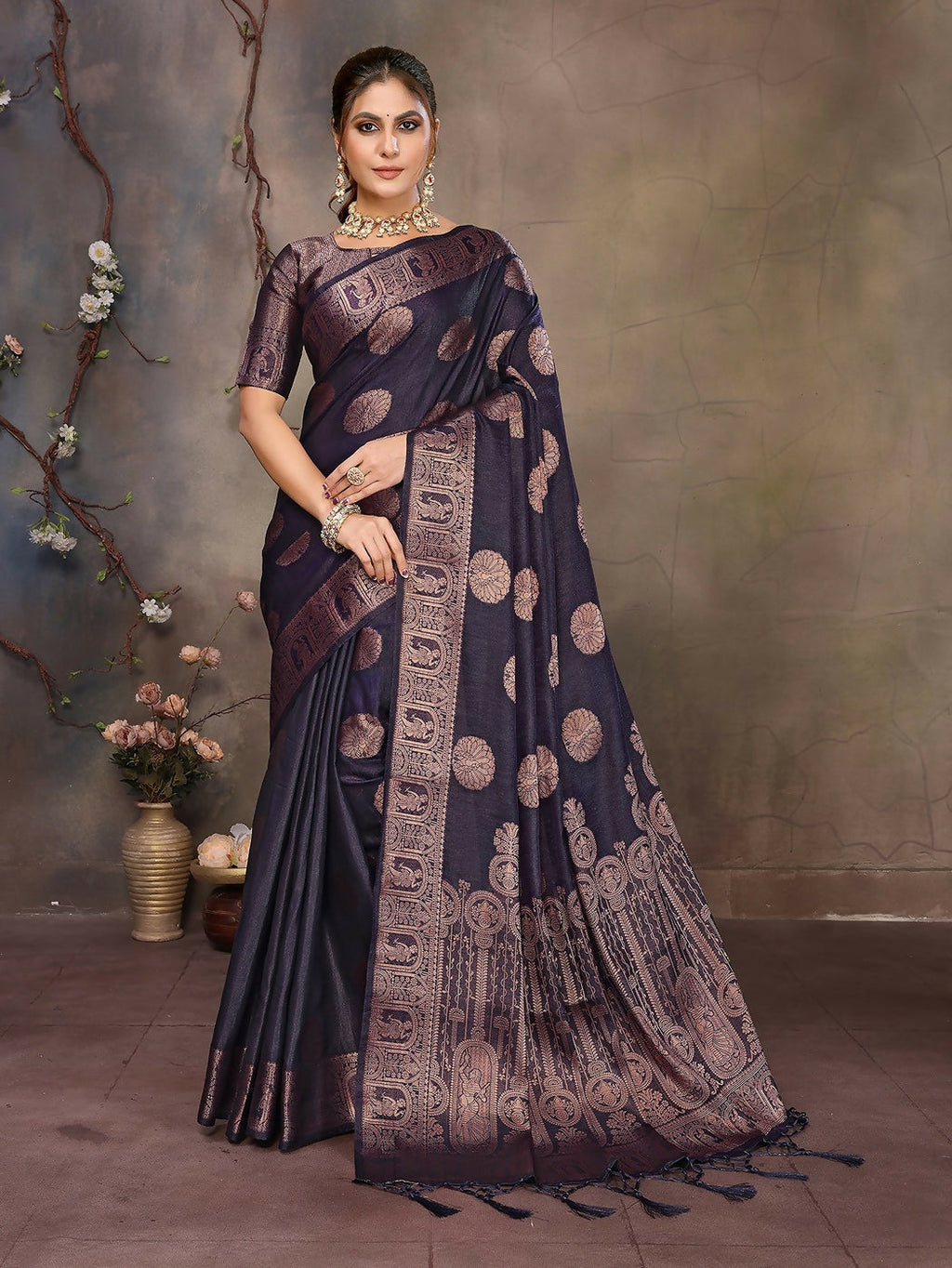Joban Fashion Navy Blue Woven Jacquard Banarasi Silk Sarees