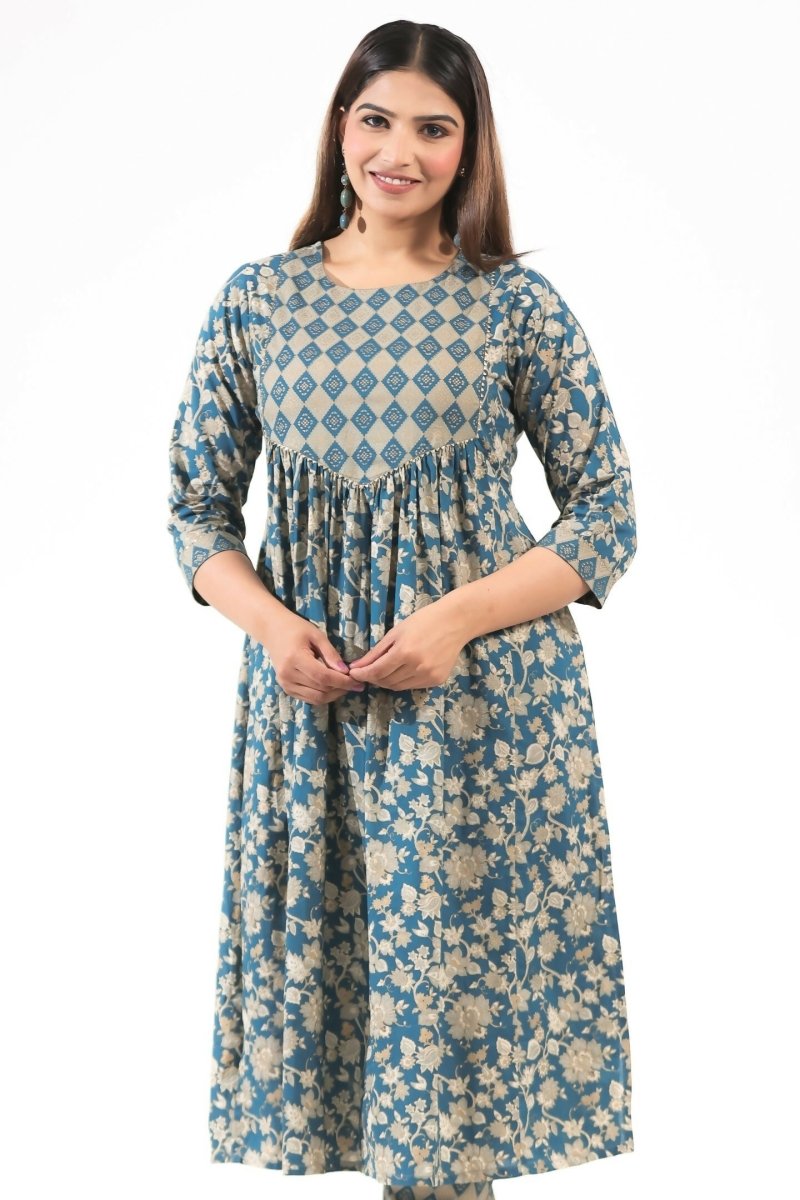 Aramya Blue Soft Cotton Gold foil A-line Kurta for Women