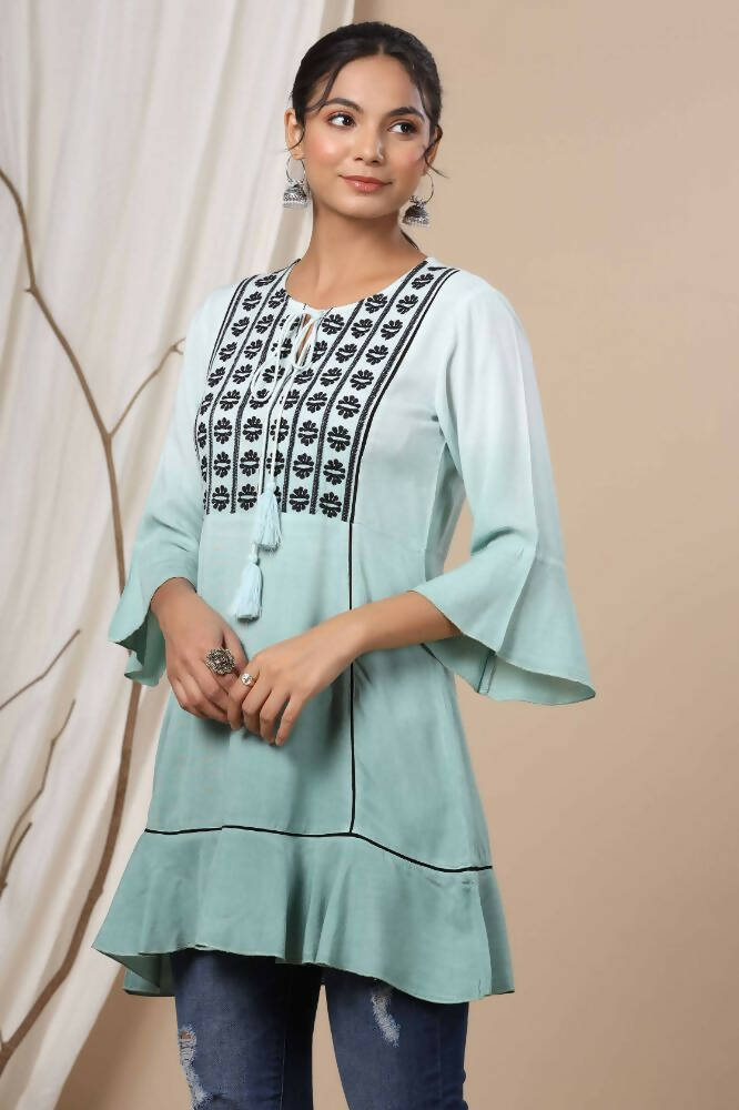 Juniper Sage Green Rayon Festive Embroidered Tiered Tunic For Women