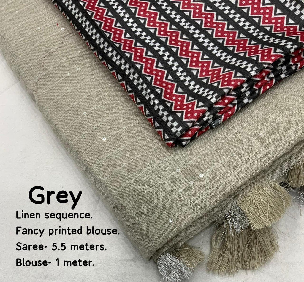 Grey Linen Sequence Saree with Unstitched Blouse - Hiral Fashion