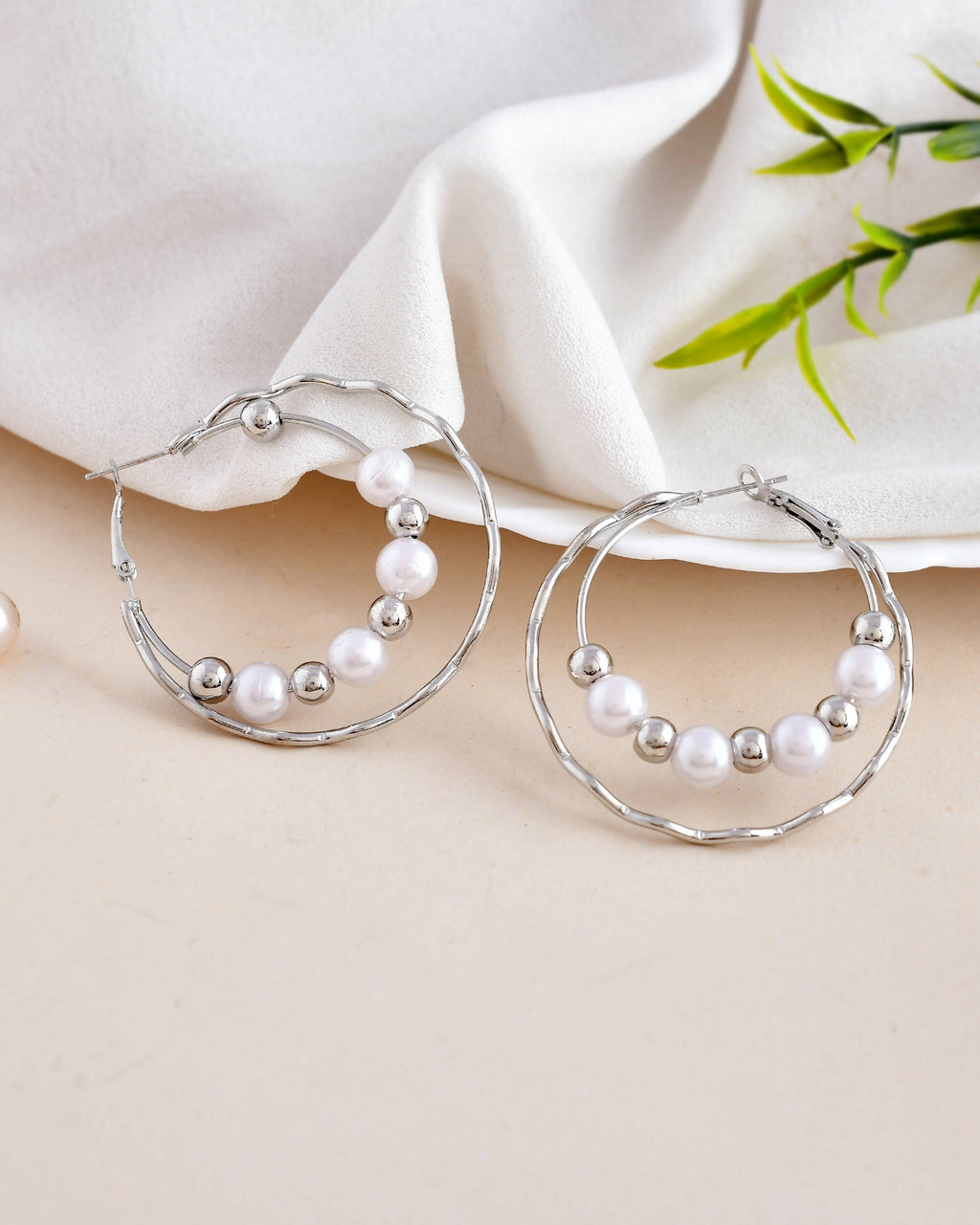 VOJ Women Sliver-Plated Pearl Stainless Steel Hoop Earrings