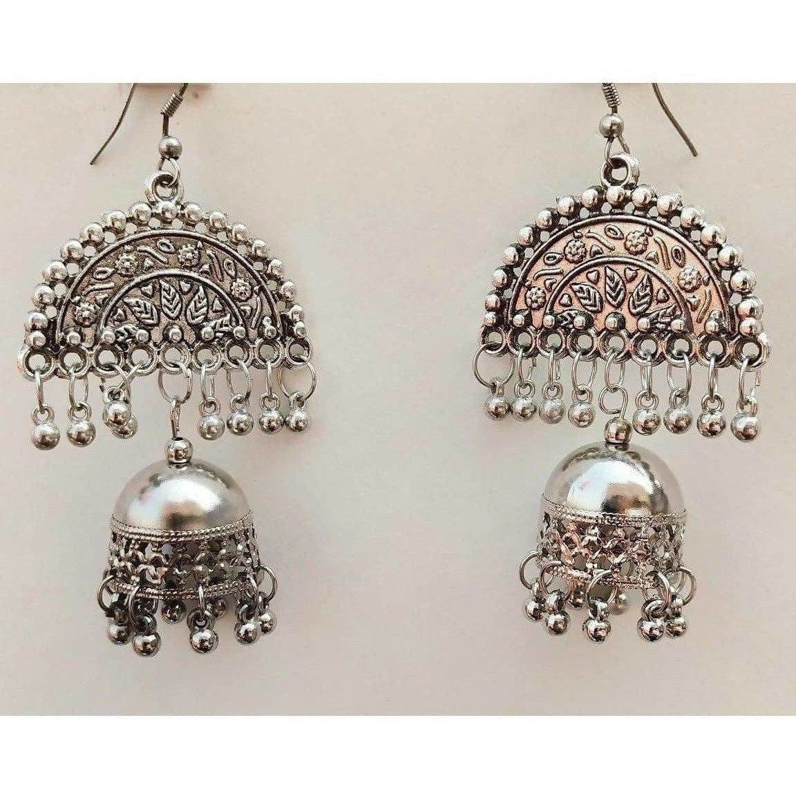 MS Fashion India Half Moon Silver Oxidized Jhumka Pearl Tassel Earrings