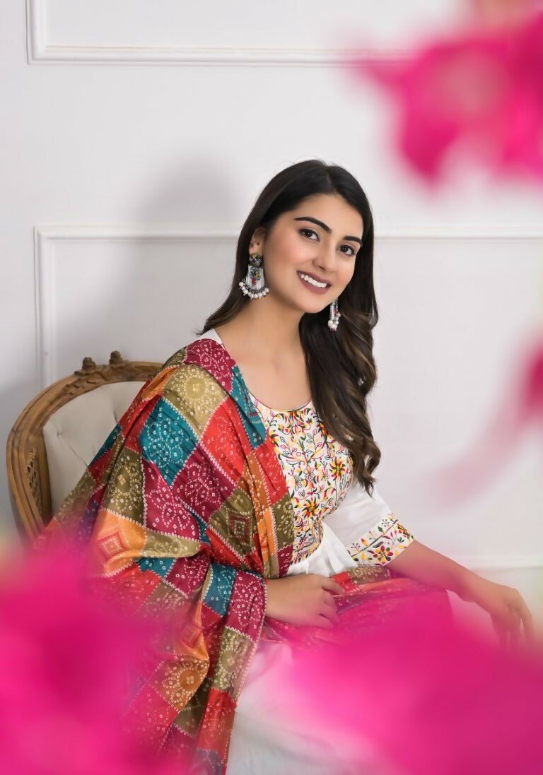 White Viscose Silk Embroidery with Thread and sequence Stitched Suit With Dupatta - Tanisha